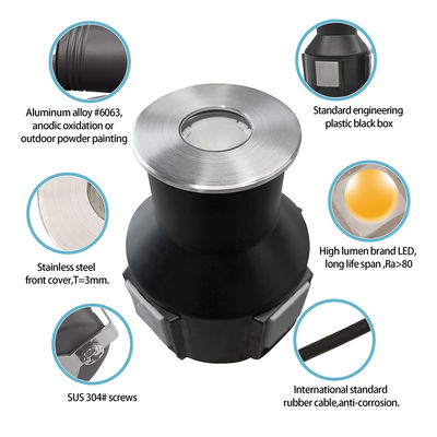 Встраиваемый круглый светильник для палубы 3W IP67, передняя крышка из нержавеющей стали 316, диаметр 55 мм, DC24V