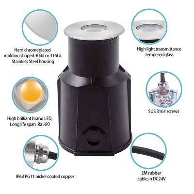 Мини-заглушенный 1W 2W светодиодный подпольный бассейн IP68 3000k 12V / 24V DC