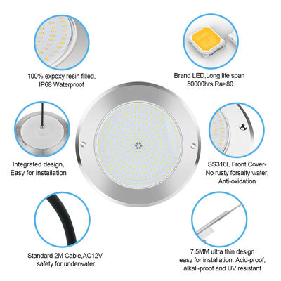 SUS316 Покрытие установлено IP68 DC12V 3000K Подводное светодиодное освещение пруда SPA